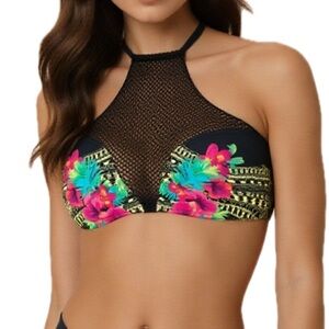 High Neck Tropical Floral Mesh Bikini Top Size Small